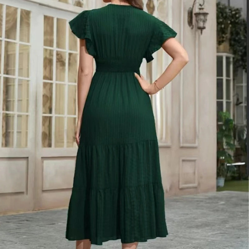 Elegant Women's Summer Casual Solid Color Long Dress Fashion Holiday Sexy V Neck Pleated Short Sleeve Maxi Dresses Vestido