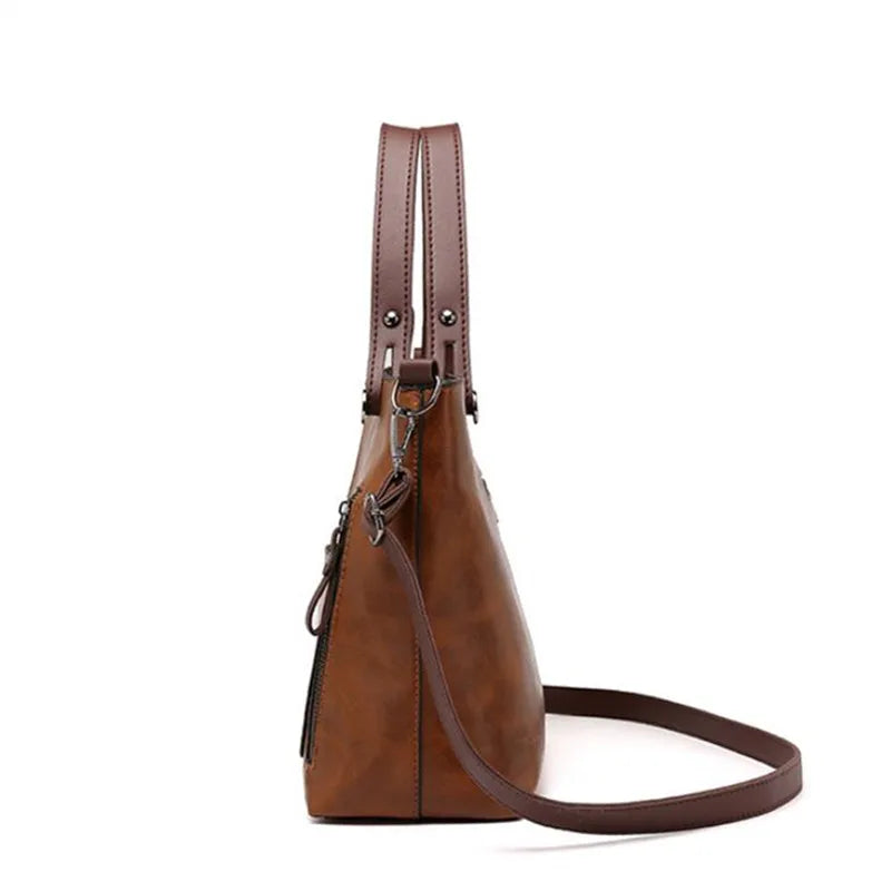 Retro Leather Handbag Shoulder Bag for Women with Double Pocket, Large Capacity, Vintage Lady's Tote Bag, Simple Crossbody Bags