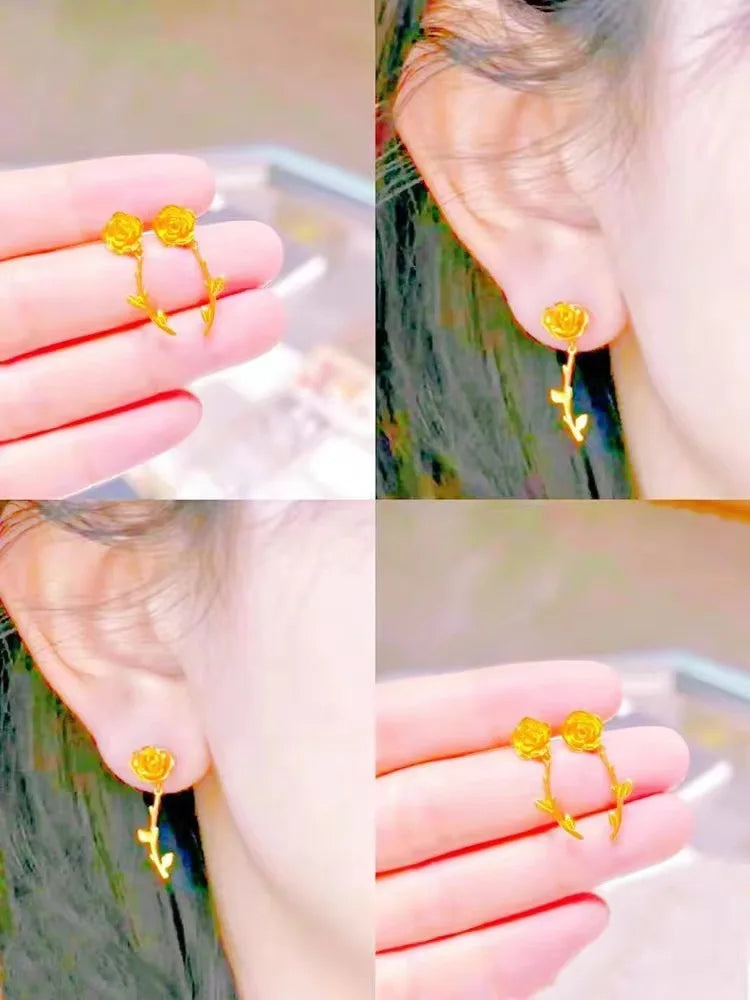 Fashionable Rose Gold Earrings Necklace Set Women's Style Vietnamese Sand Gold Rose Flower Jewelry Copper Plated Geometric Shape