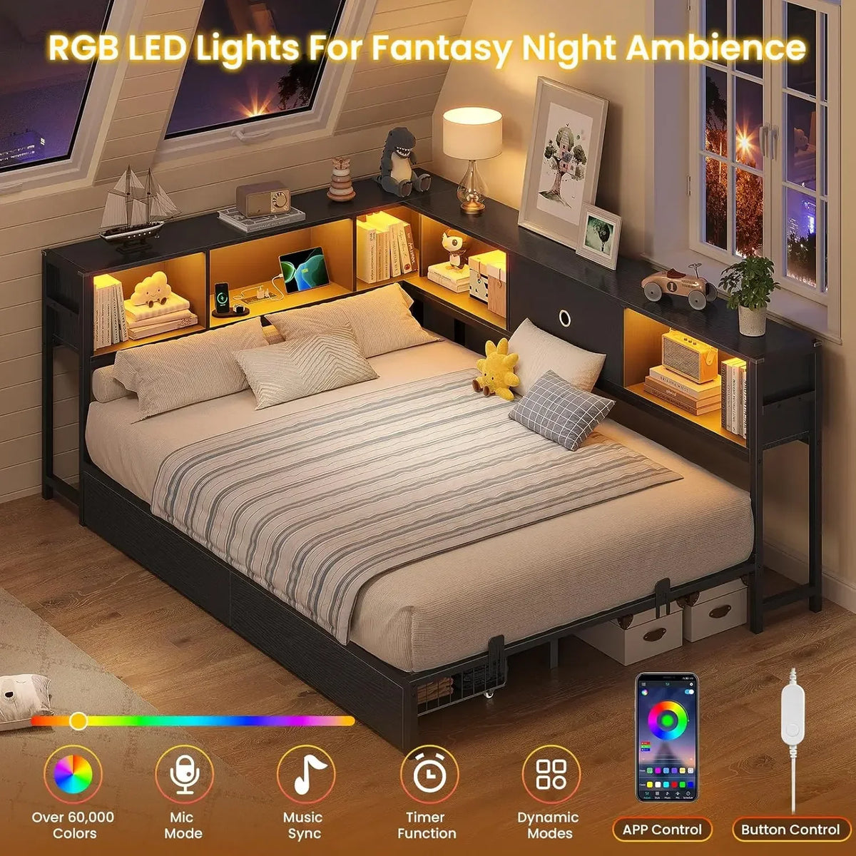 Full Size Daybed Bed Frame Metal Platform Corner Bookcase Headboard Storage Drawers Charging Station Led Lights Kids Teens Guest