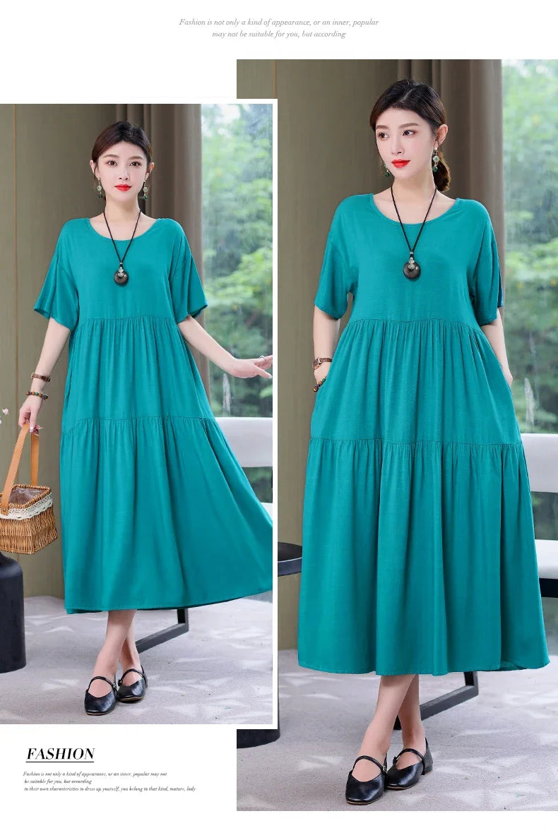 Women's Oversized A-Line Midi Dress – Loose Fit Short Sleeve Summer Sundress