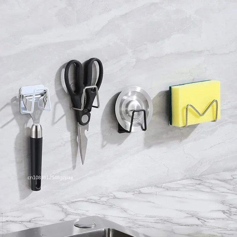 Soporte de esponjas de cocina, estante de acero inoxidable para fregadero, soportes adhesivos, escurridor, ganchos de pared, organizador de almacenamiento de accesorios