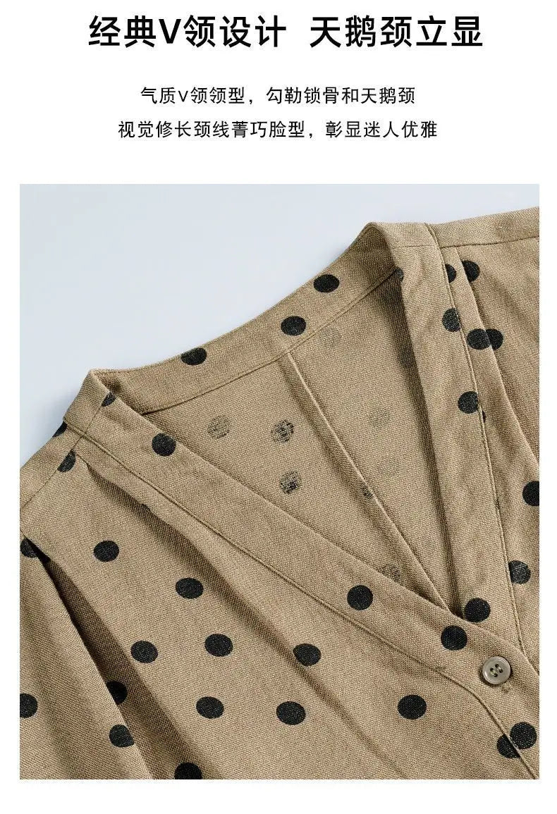 Cotton and Linen Dress French Polka Dot Print Fashion Long Skirt Summer New V-neck Casual Lace-up A-line Skirt
