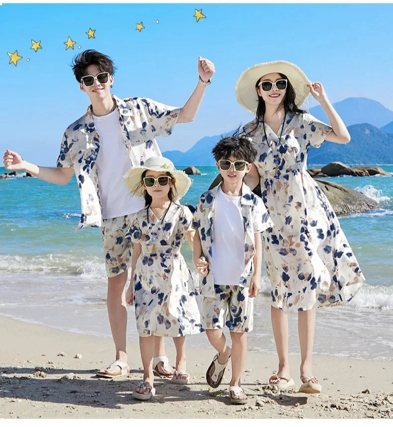 2025 Mom and Daughter Short Sleeve Dress Holiday Summer Family Vacation Look Clothes Dad and Son Shirts Two Piece Outfits Sets