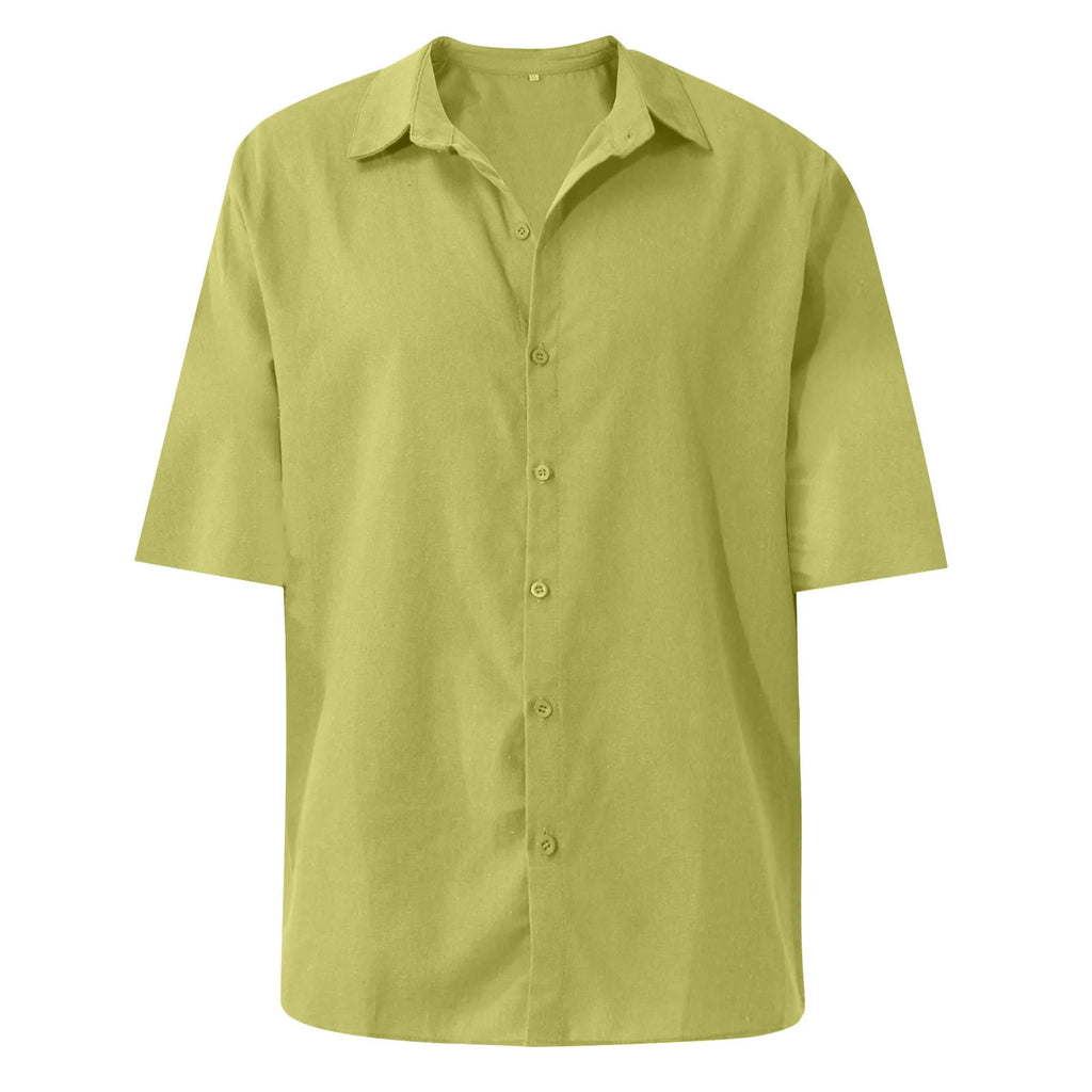 Men'S Short-Sleeved Shirts Cotton Linen Summer Solid Color Turn-Down Collar Quick Drying Casual Beach Style Plus Size Shirts