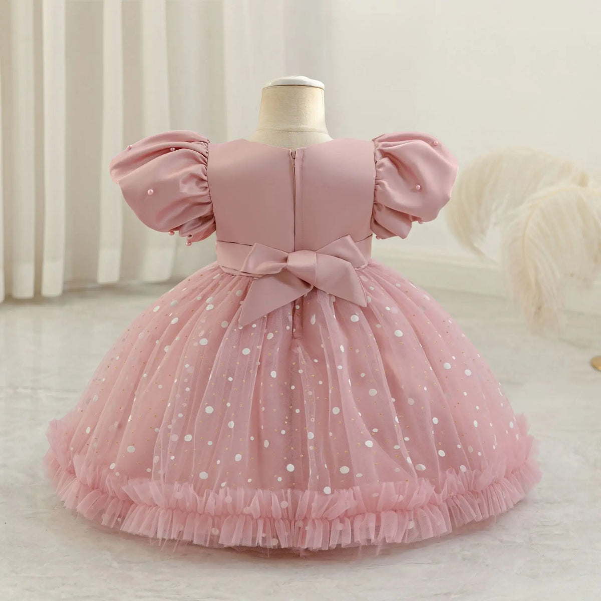 HETISO Girl Dress for Wedding Dots Printed 1 to 5 Years Birthday Party Princess Cute Prom Tutu Gown Pearls Mesh Baby Dresses