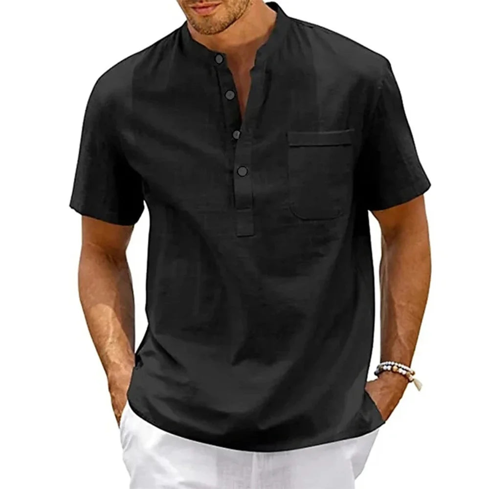 Cotton Linen Shirt For Men Henley With Pocket Breathable Solid Color Short Sleeve Casual Beachwear Vintage Streetwear