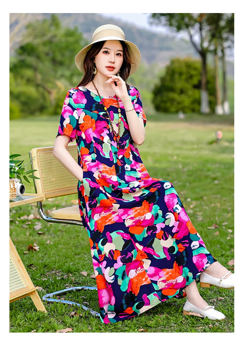 New Print plus size 2026 New Fashion Floral Printed Summer Dress Vestidos Elegant Short Sleeve Slim O-Neck Party Women clothing