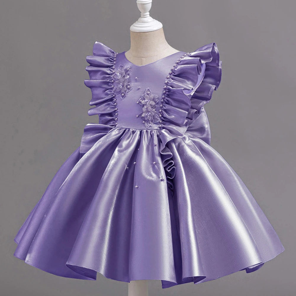 HETISO 1-6 Years Girl Princess Dress Ruffle Sleeve Kids Puffy Satin Dresses Children's Ball Gown for Birthday Holiday New Year