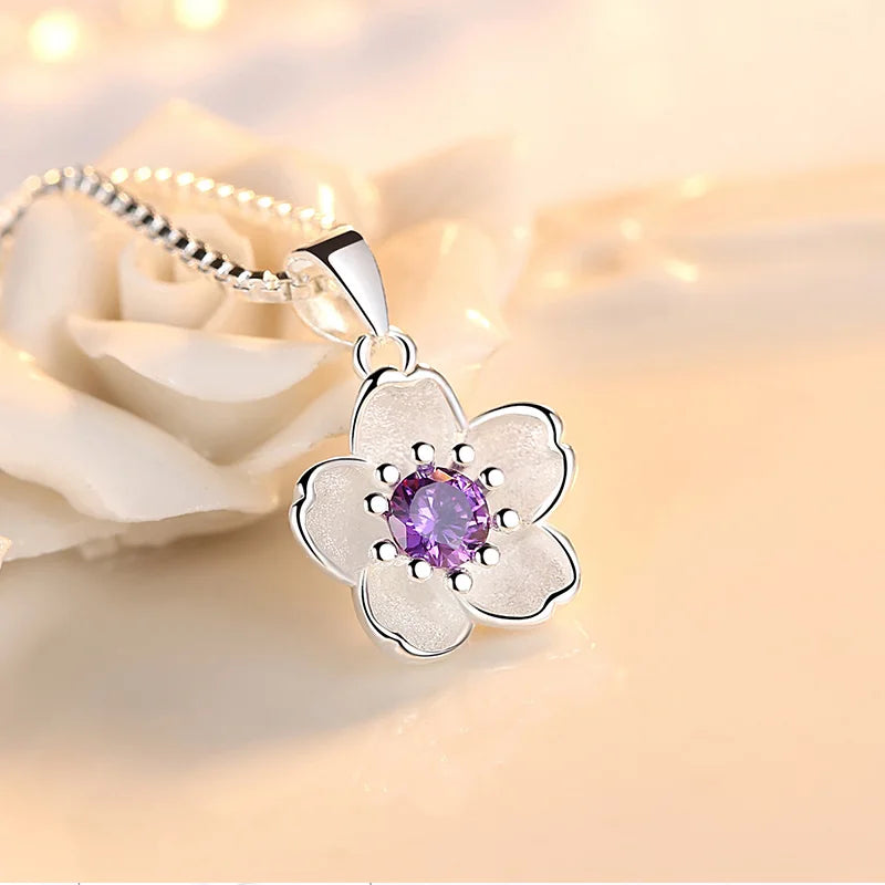 925 Sterling Silver Pink Purple Peach Blossom Necklaces For Women'S Retro Luxury Jewelry Accessories Freeshiping Items Jewellery