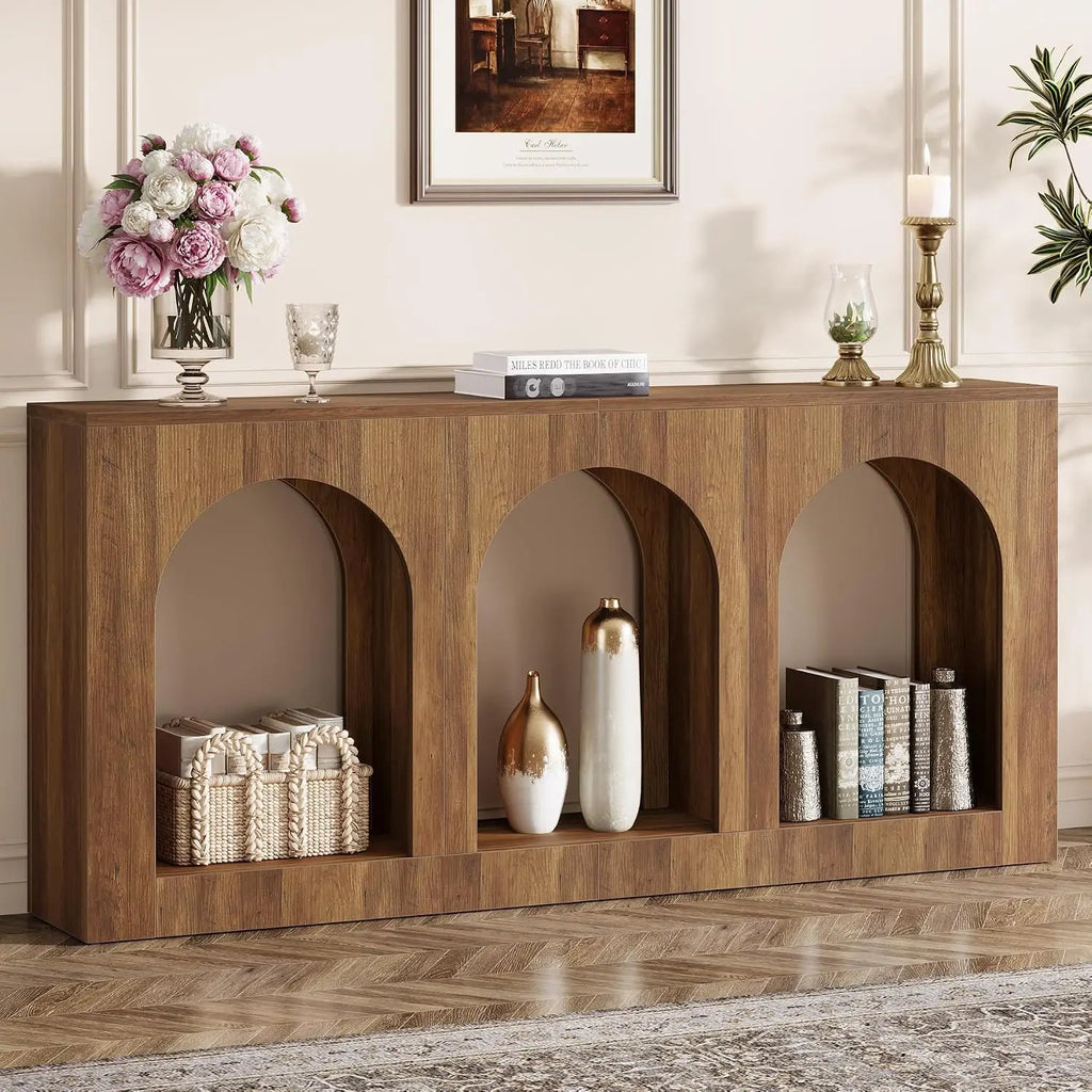 70.9" Console Table with 3 Arched Shelves, Wood Entryway Storage for Foyer Hallway Living Room, Narrow Long Brown, Customized