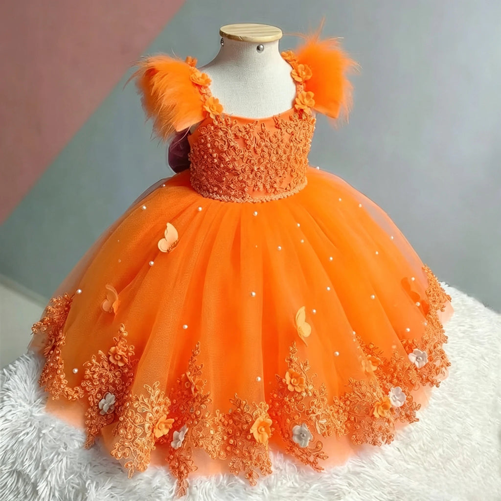 Girl Baby Tulle Fluffy Dress 3D Butterfly Pearl Feather Puffy Ball Gown Flower Girl Dresses for Wedding Birthday Party Pageant