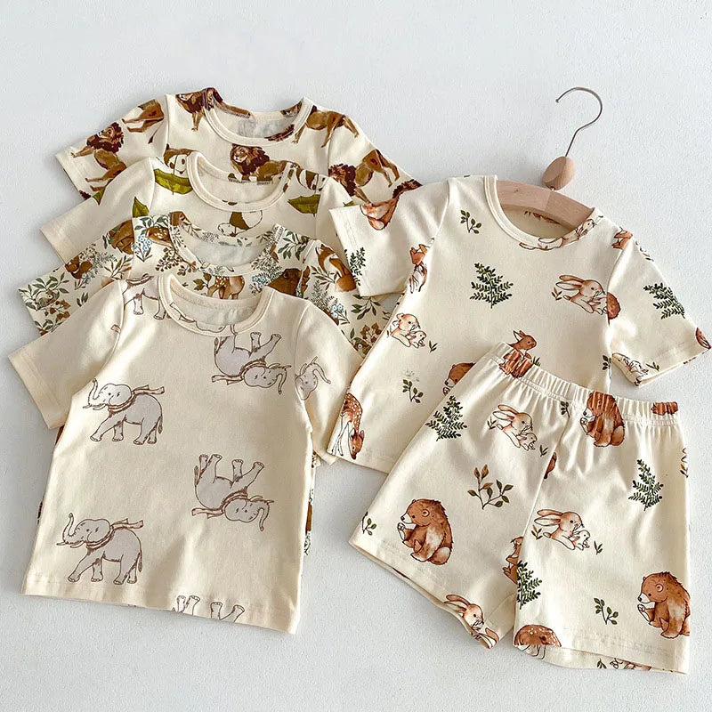 2Pcs Ins New Summer 2025 Full Print Soft Kids Clothing Set Boys Clothes Suit Pure Cotton Tee A 4Nd Shorts Chidren Track Suit