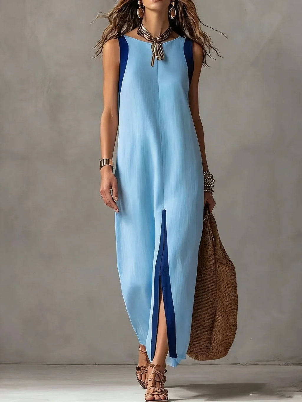 Boho Asymmetrical Hem Maxi Dress Front Slit Contrast Trim Summer New Woman Dresses Casual Sleeveless Round Neck Loose Dresses