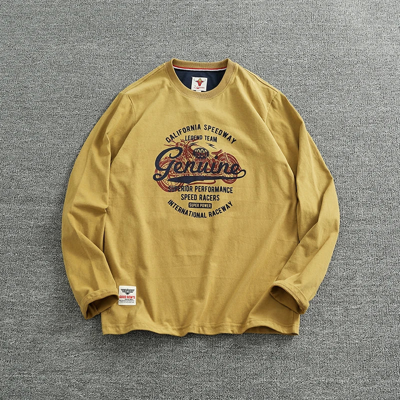 Autumn New American Retro Long Sleeve O-Neck Letter Motorcycle Print T-Shirt Men'S Fashion 100% Cotton Washed Casual Sport Tops
