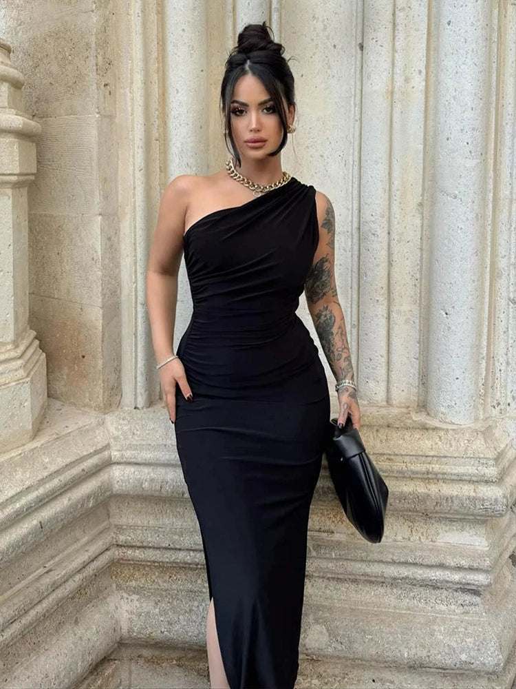 Elegant Backless Maxi Dress With One Shoulder Silhouette For Modern Women Rooftop Ready