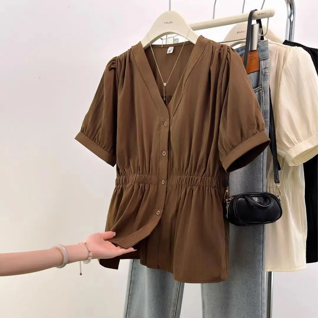 200 Pounds Plus Size Elastic Waist Office Lady Trend Shirt And Blouse Solid Color Top Women Clothing V-neck French Chic Basics