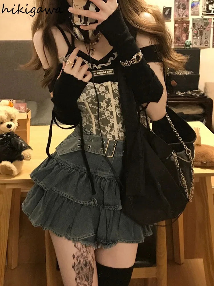 Streetwear Jean Skirt Women 2025 Faldas Mujer De Moda High Waist Vintage Saia Sweet Ruffles A-line Jupe Casual Y2k Mini Skirts