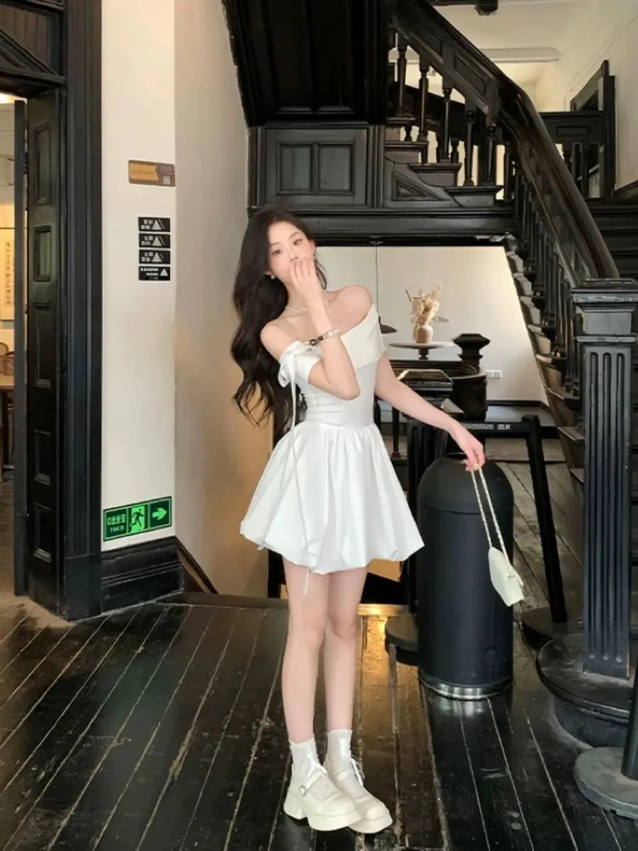 Black Off Shoulder Mini Dress With Bow Decor Ruched Waist Flared Silhouette For Women