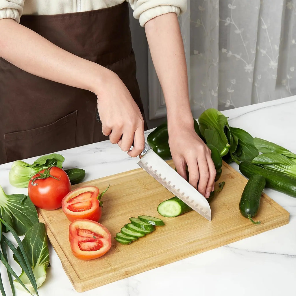 3-Piece Natural Bamboo Cutting Boards Set with Stand | Kitchen Chopping Boards 43x30cm/38x28cm/33x25cm,Deep Juice Grooves,Dishwasher Safe,Knife Friendly