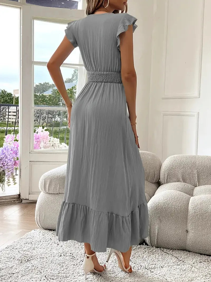 Women's Fashionable Elegant and Casual Long Ruffled Sleeves and Elegant Commuting V-neck Solid Color Pleated Splicing Slim Dress