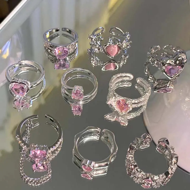 2025 Kpop Pink Zircon Heart Open Ring for Women Girls Luxury Blue Opal Heart Couple Finger Rings Wedding Y2K Jewelry
