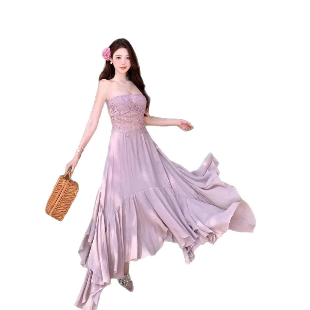 Slimming Dry Rose Splicing Tube Top Beach Dress Women's Style Long A-Line Skirt High Waist No Sleeve Shoulderless Polyester