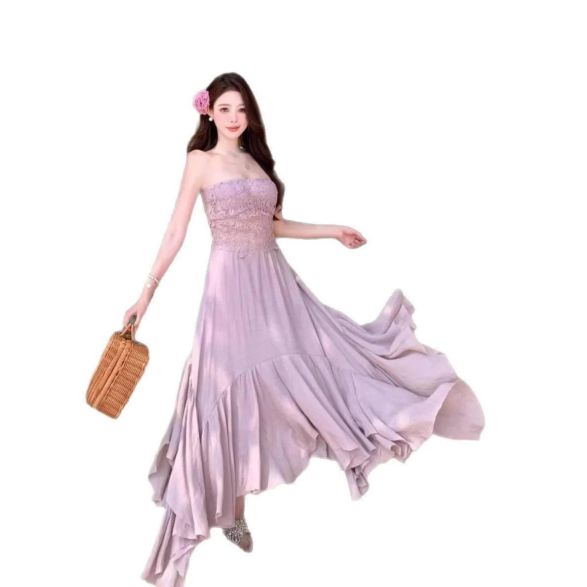 Slimming Dry Rose Splicing Tube Top Beach Dress Women's Style Long A-Line Skirt High Waist No Sleeve Shoulderless Polyester