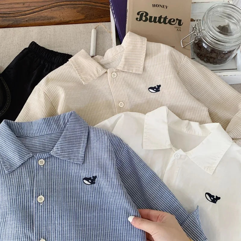 2-7Y Kids' shirts Small fish embroidery striped Boys Cardigan cotton turn-down collar Children's long sleeve shirt