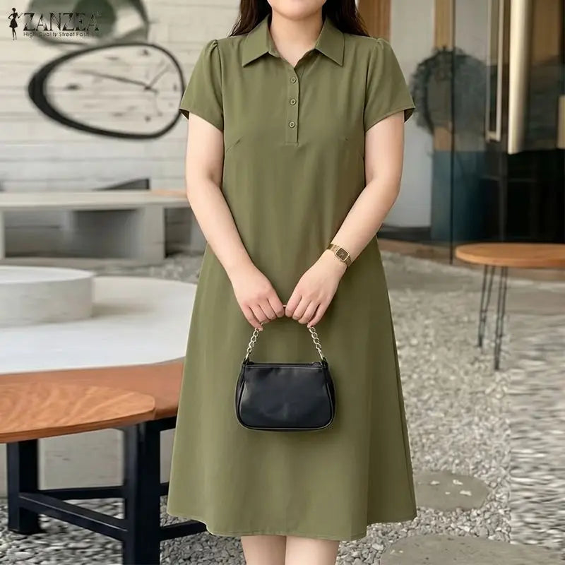 Women Casual Midi Shirt Dress Turn-Down Collar Half Button Short Sleeve Solid Color Dresses ZANZEA Summer Commute Wear Vestidos