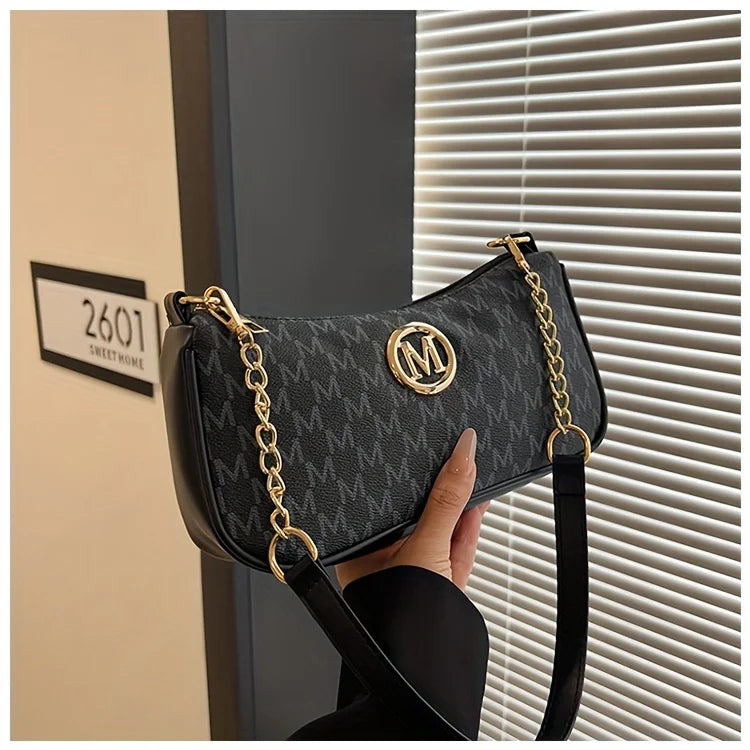 Vintage Underarm Bag for Teenager Letter Print Crossbody Small Square Bag with Chain Shoulder Handbag Adjustable Crossbody Strap