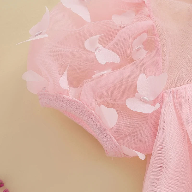 3-8Y Kid Girl Tulle Dress 3D Butterfly Short Sleeve Square Neck Mesh A-Line Dress for Spring Summer