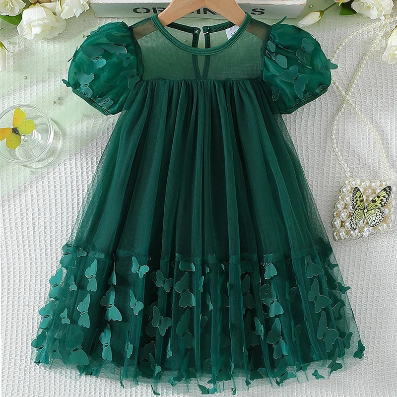 3-8Y Kid Girl Tulle Dress 3D Butterfly Short Sleeve Square Neck Mesh A-Line Dress for Spring Summer