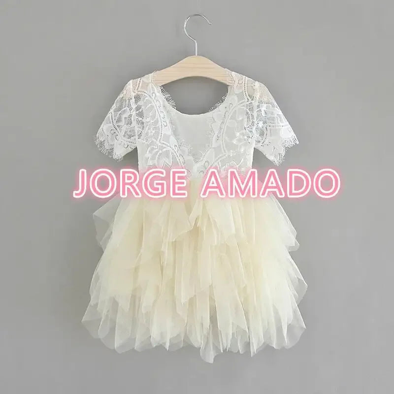 Summer Girl Dress Eyelashes Back Thin Lace Top Flat Skirt Tulle Gauze Princess Dress Children Clothing E15180