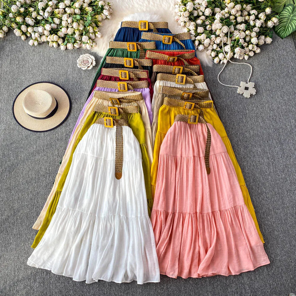 Women's Spring Summer 2026 White Midi A-line Cake Skirts With Sashes