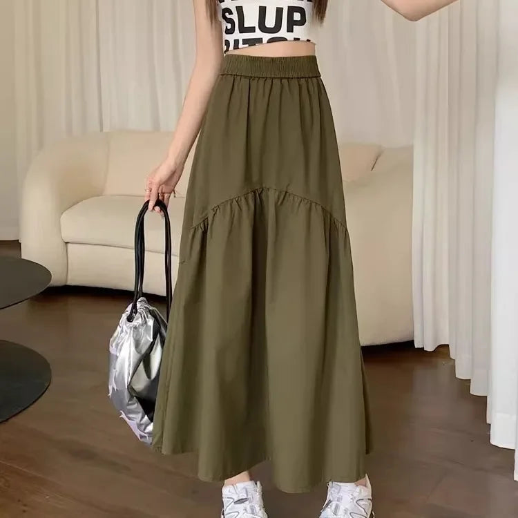 Elegant Women's Skirt Autumn New A-line Simple Fashion Solid Color Bustier Korean Pleated Splicing Elastic Waist Long Skirt