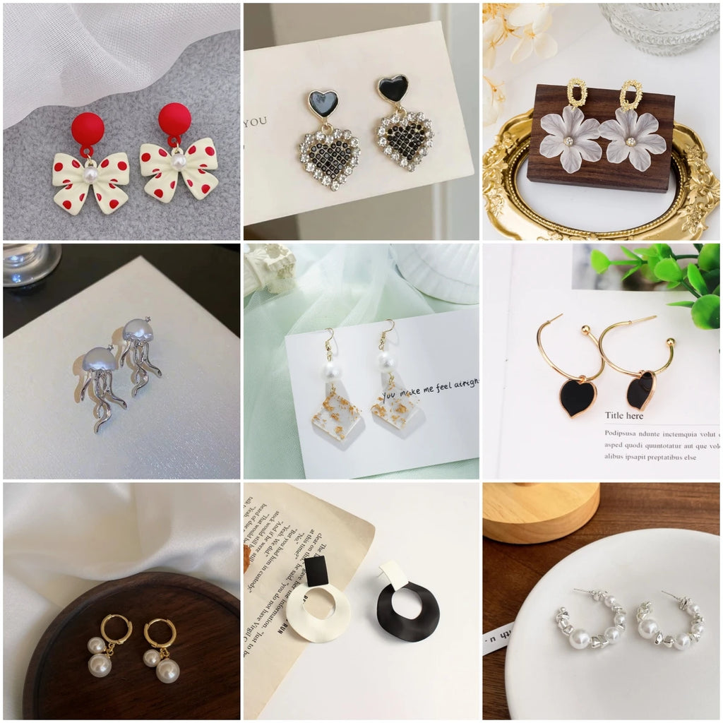 Drop Earrings For Women'S White Flower Heart Crystal Bow Round Circle Long Pearl Dangle Earrings Geometry Statement Jewelry
