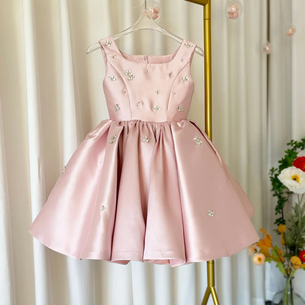 Dreamy Vow J145 Pink Satin Classic Girls Dress Beaded Square Neck Knee Length Children Wedding Birthday Holiday Party Dress 2025