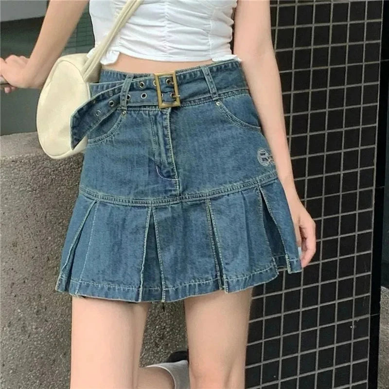 Korean Blue Denim Skirt Women Harajuku Y2K Pleated Mini Skirt Street Vintage Preppy Style High Waisted Embroidery Skirt
