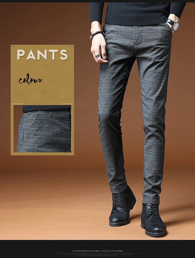 Classic Style Men's Casual Pants Fashion Striped Plaid Business Straight Slim Casual Pants Black Blue Gray Brand Men Trousers