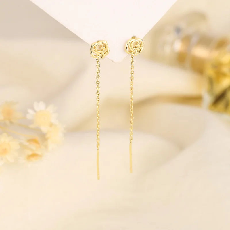 Rose Gold Threader Drop Earrings for Women Long Hanging Zircon Crystal Piercing Jewelry