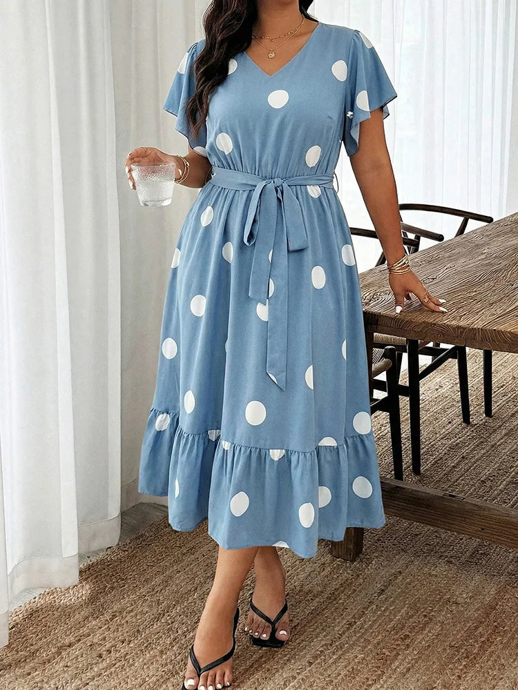 GIBSIE Plus Size Polka Dot V-Neck Belted Ruffle Hem Dress Women Casual Vacation Flounce Sleeve Big Swing Summer Long Dresses