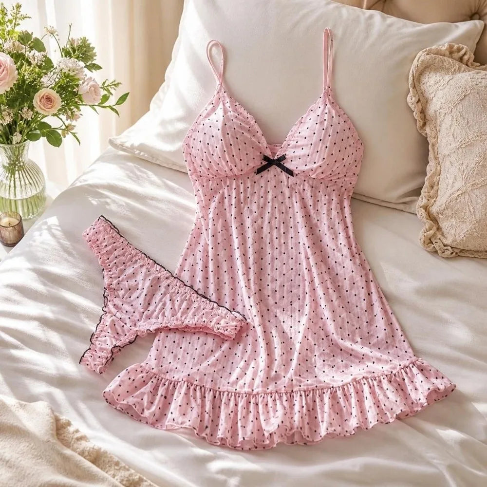 Home Wear Polka Dot Sweet Nightdress Transparent Mesh Sheer Nightwear Skirt Ruffle Hem V Neck Sleeveless Nightgown Women