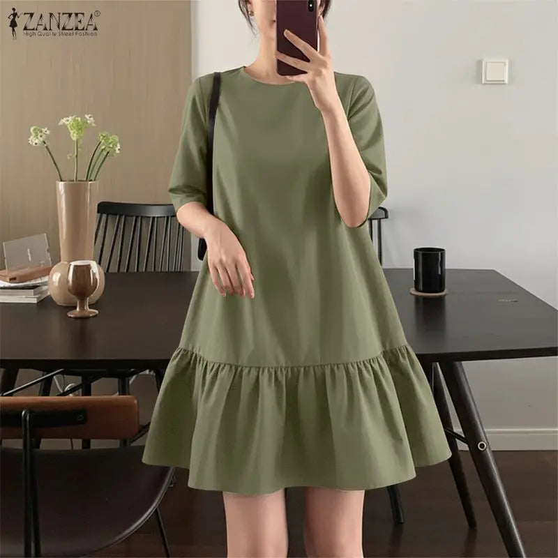 ZANZEA Women's Casual Ruffled Hem Dress O-Neck Half Sleeve A-Line Dress 2026 Summer Daily Solid Color Loose Robes Femme