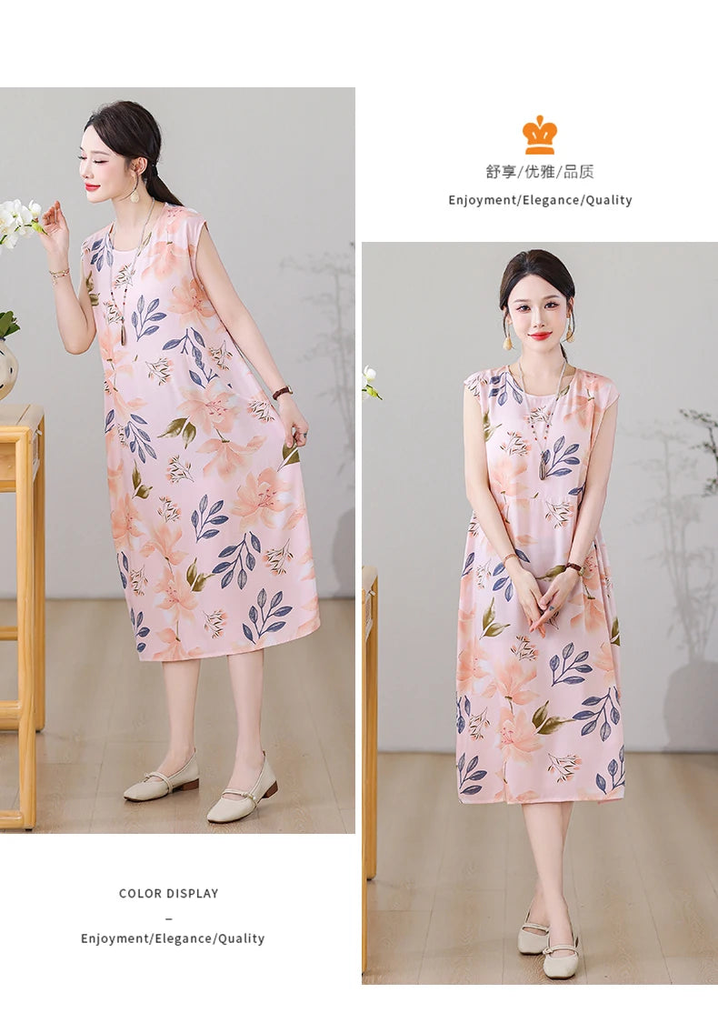 New Fashion Vintage Floral Print  Sleeveless Casual Party Femme Summer Dresses For Women 2025 O-neck Straight Women Clothing