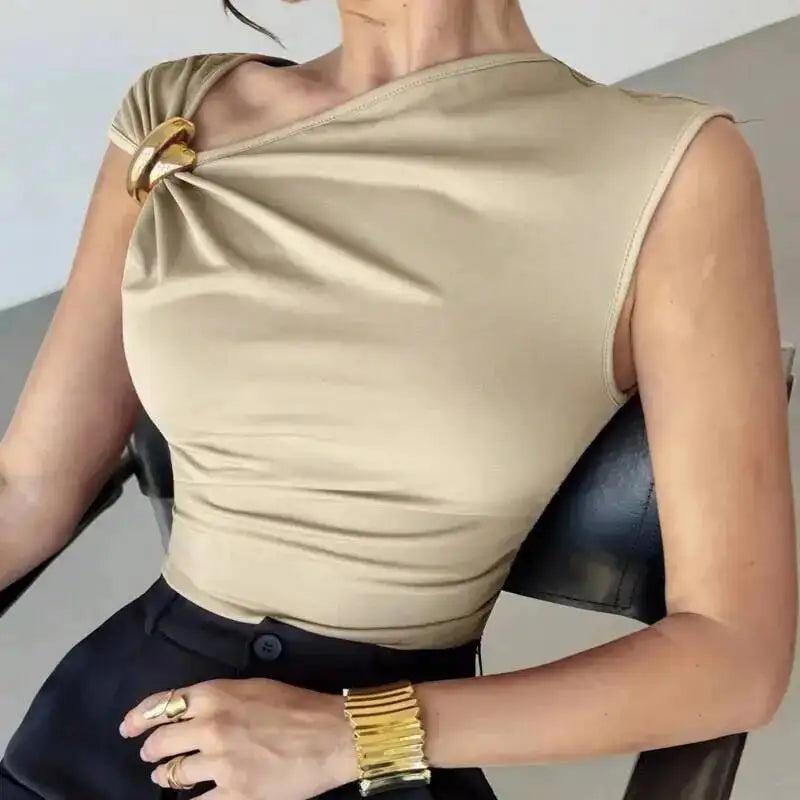 Women Solid Color Short Sleeved Top Summer Asymmetrical Slanted Collar Slimming Vest Elegant Comfortable And Breathable Vest