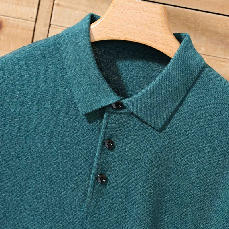 Summer 100% Merino Wool Men'S Lapel Pullover Short Sleeve Polo Neck Sweater Loose Top Business Casual Knit T-Shirt