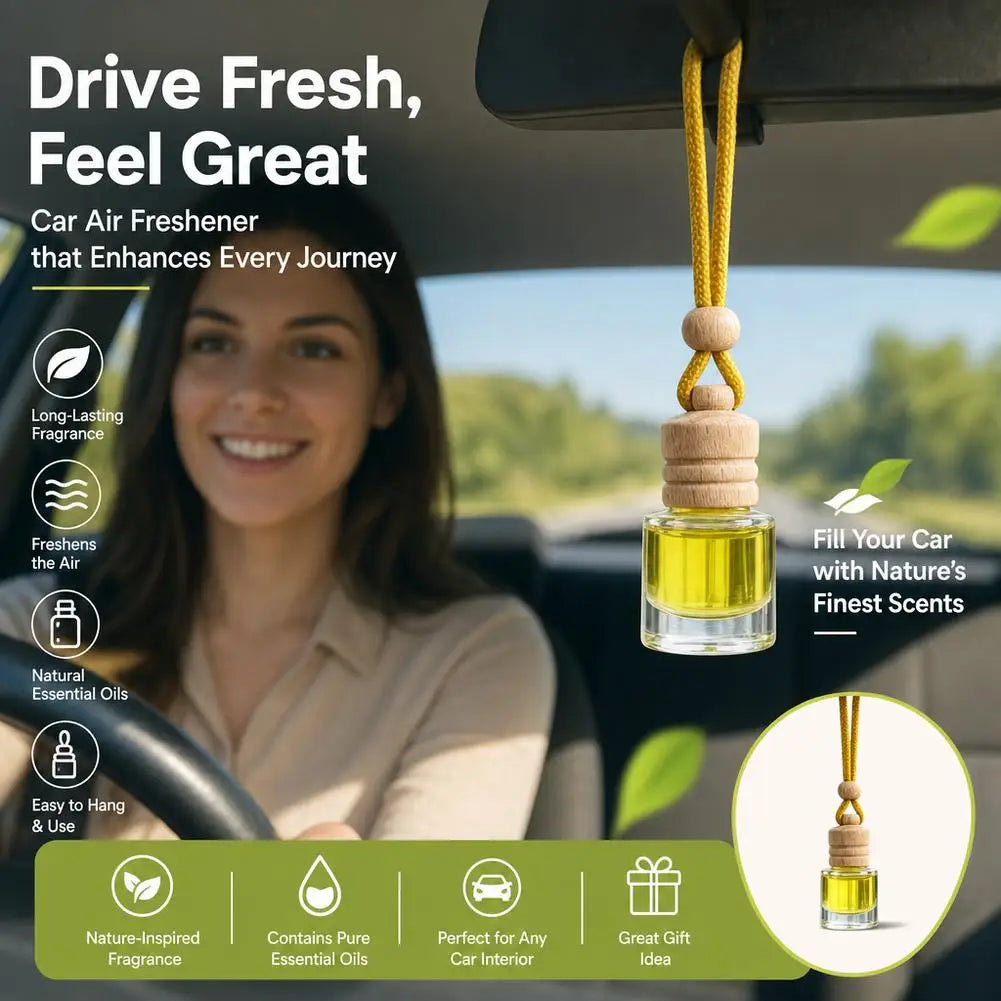 Hanging Car Air Freshener Refillable Glass Bottle Wooden Cap Essential Oil Diffuser Pendant Long Lasting Auto Perfume Ornament