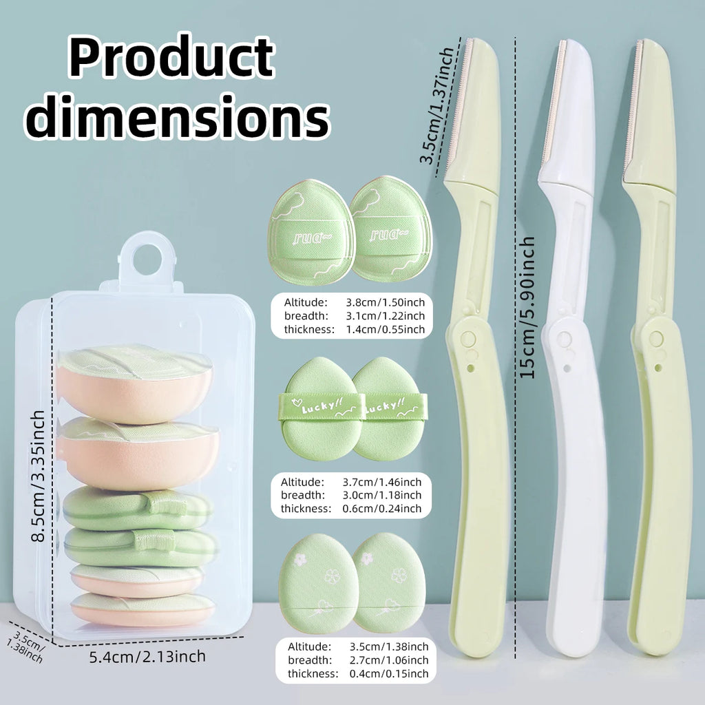 3 Eyebrow Knives +6 Finger Powder Puff + Storage Box, Beauty Tool Set, Foundation Concealer, and Eyebrow Shaving.