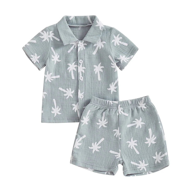 Palm Tree Print Baby Boys Summer Outfit Two Piece Set Button Up Shirt And Elastic Shorts